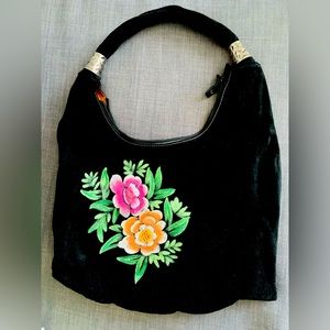 Vera Delle Black Suede Hobo Bag with Floral Detail